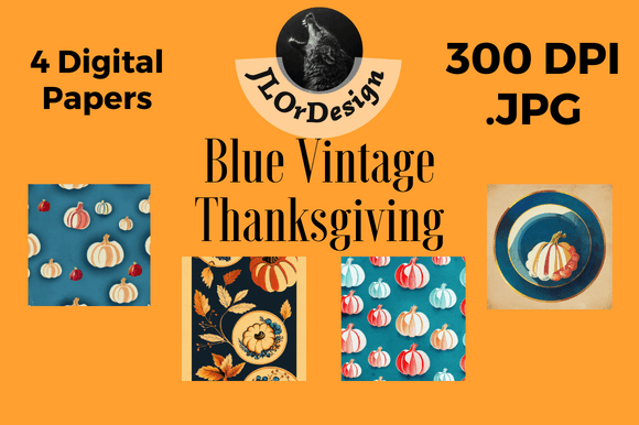4 Blue Retro Thanksgiving Digital Papers: Vintage Charm for Your Projects