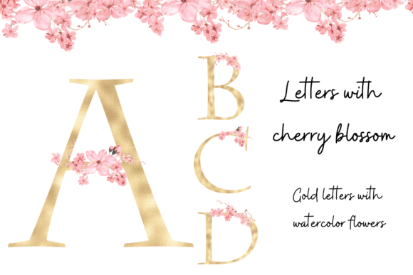 Gold Letters with Cherry Blossom Flowers: Elegant Design Elements